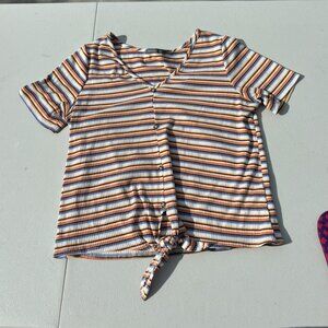 Suzy Shier orange, yellow, and brown stripped shirt with a tie in the middle